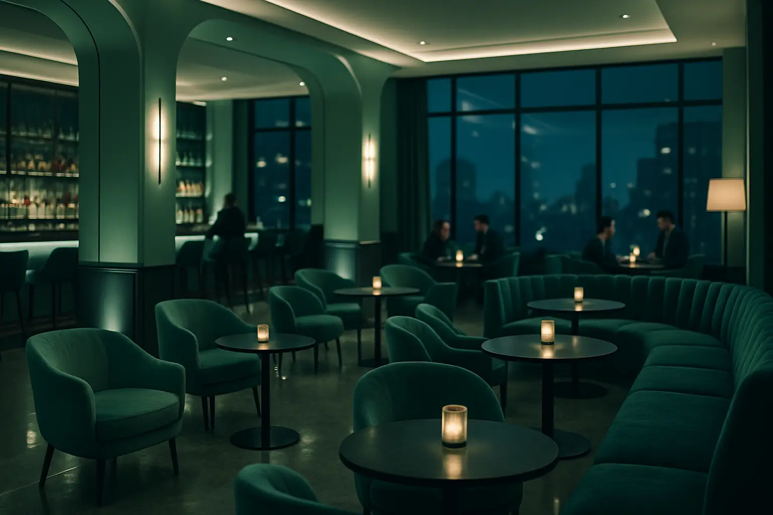 Modern lounge enteriőr hűvös zöld fényekkel